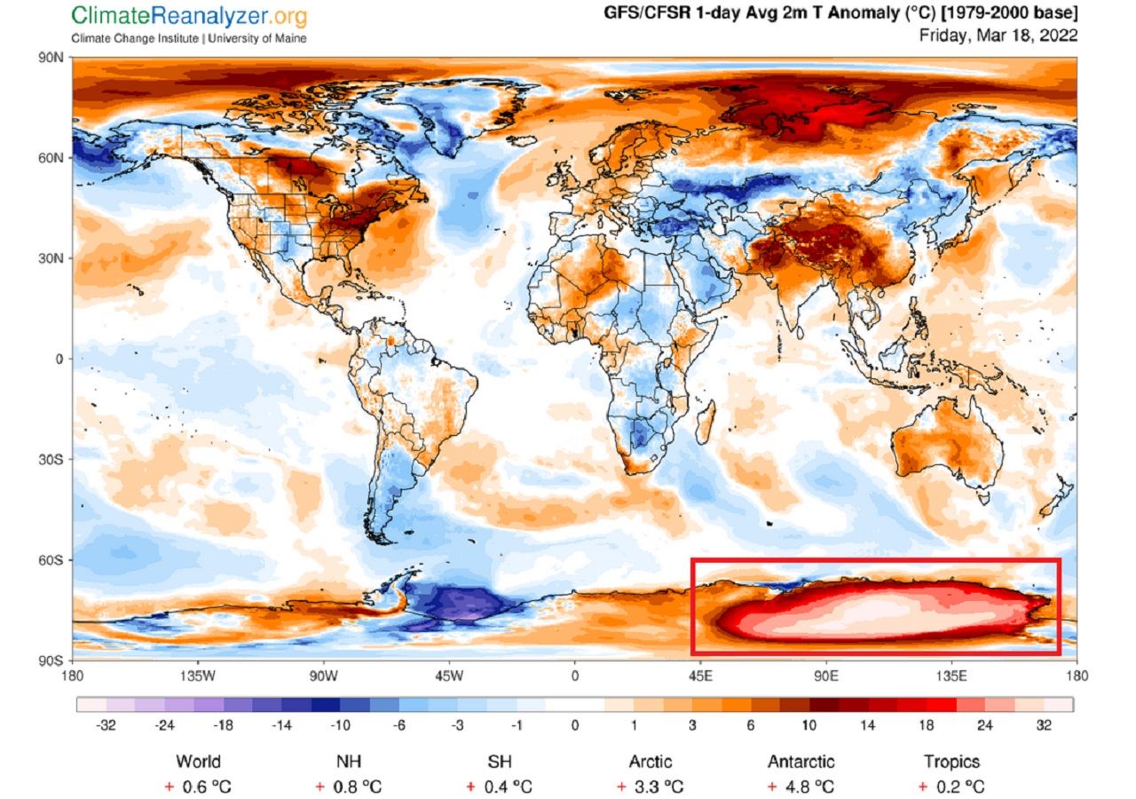 Mapa de anomalía de temperatura 2m.:Irrupción de aire cálido en la Antártica el 18 de marzo. Fuente: climatereanalyzer.org