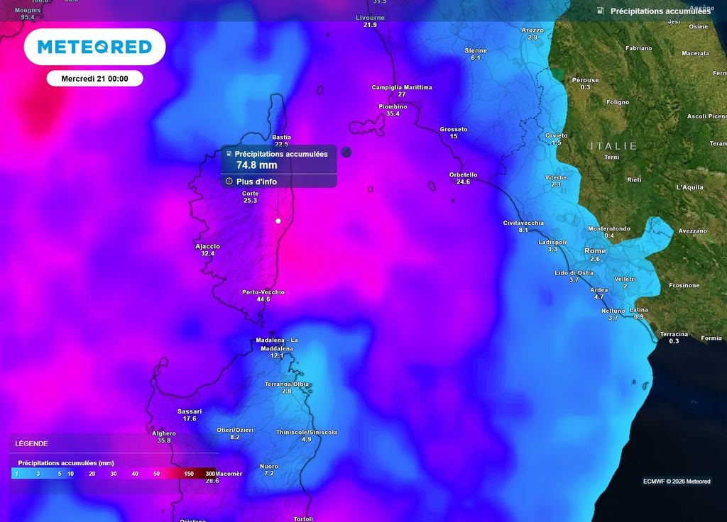 Cumuls pluie Corse ce soir D'ici ce soir, au moins 70 mm de pluie pourraient encore tomber sur la partie orientale de la Corse, certains modèles sont encore même plus alarmistes.
