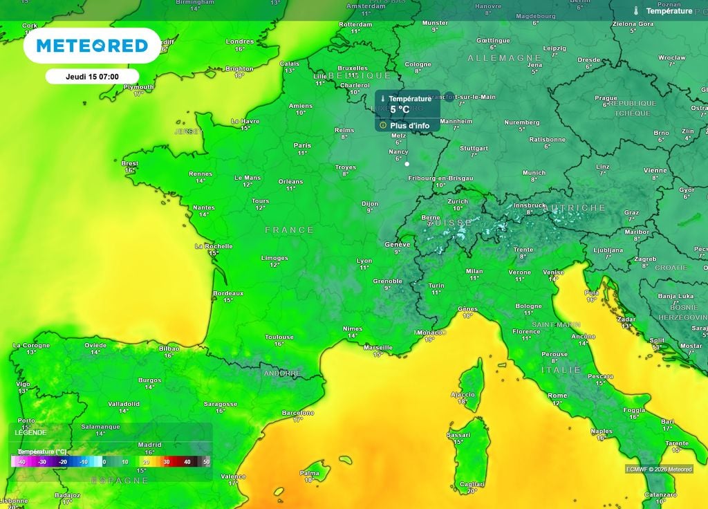 Températures jeudi matin France Si une petite fraîcheur matinale s'impose ce jeudi matin dans le Nord-Est de la France, les températures minimales seront partout ailleurs déjà au-dessus des normales de saison.