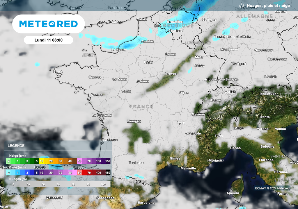 De faibles pluies prévues ce lundi matin sur le nord du pays.