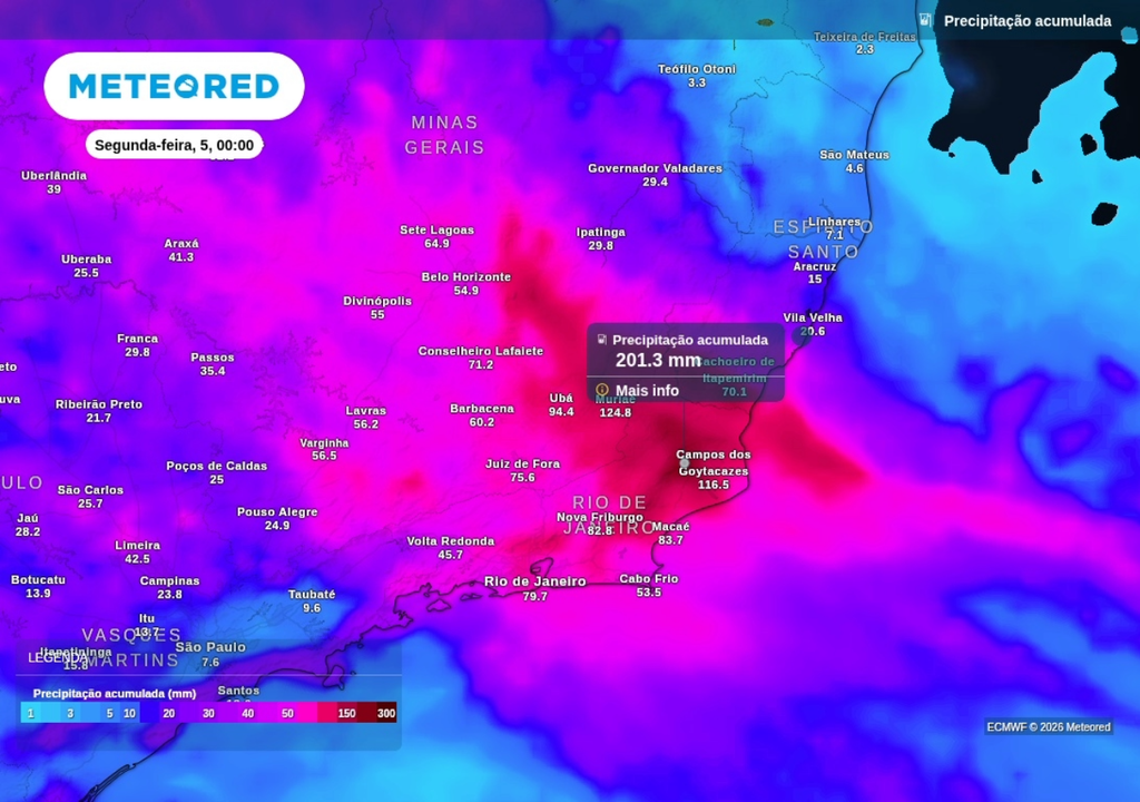 Previsão de chuva acumulada até o final de domingo (4), segundo o modelo ECMWF. Previsão de chuva acumulada até o final de domingo (4), segundo o modelo ECMWF.