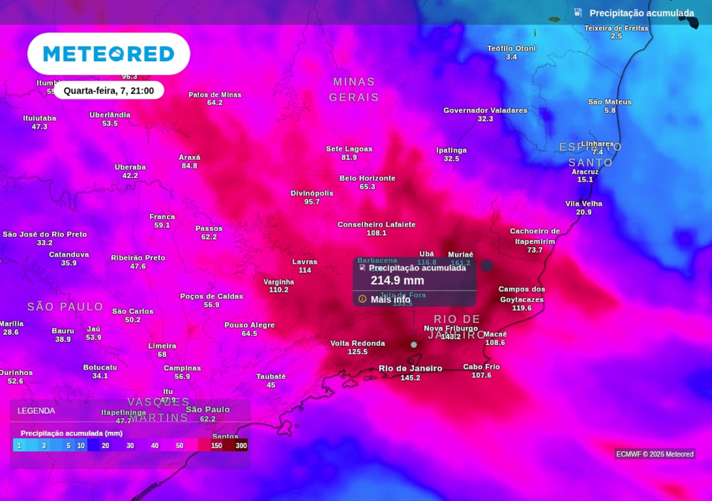 Previsão de chuva acumulada até o final de quarta-feira (7), segundo o ECMWF. Previsão de chuva acumulada até o final de quarta-feira (7), segundo o ECMWF.