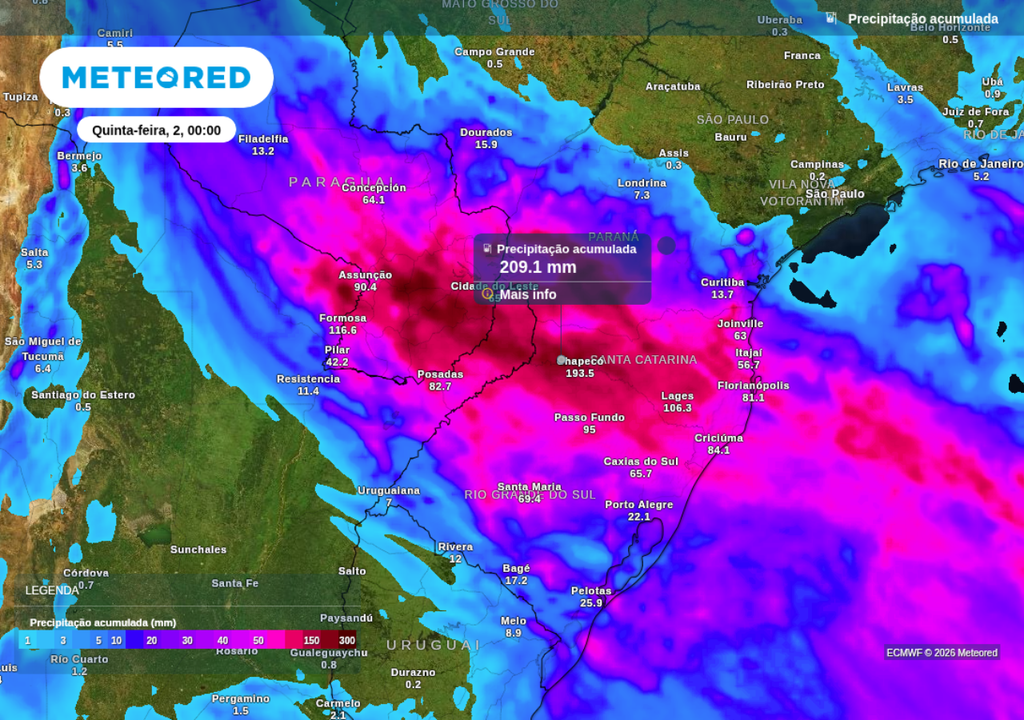 Previsão de chuva acumulada até o final de quarta-feira (1), segundo o ECMWF.