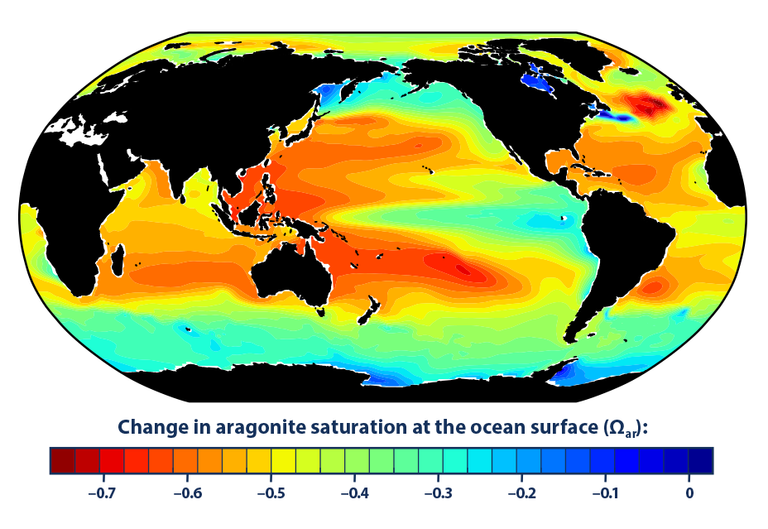 Figura 2. Cambios en la saturación de aragonito de los océanos del mundo, 1880–2015 Figura 2. Cambios en la saturación de aragonito de los océanos del mundo, 1880–2015