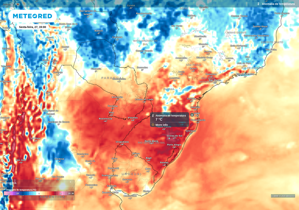 Previsão de anomalia de temperatura nesta sexta-feira (27), de acordo com o ECMWF.