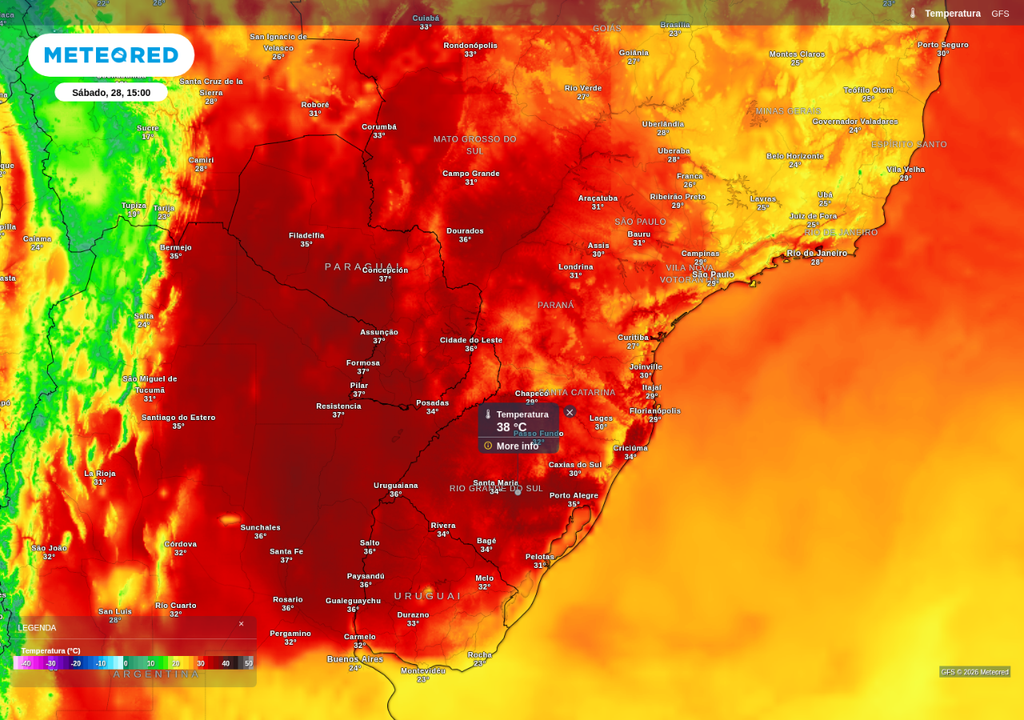 Previsão de temperatura máxima no sábado (28), de acordo com o GFS.
