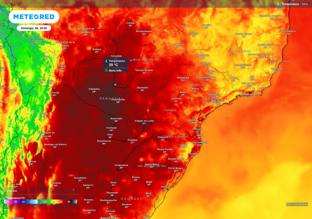 Previsão de temperatura máxima neste domingo (29), de acordo com o GSF.