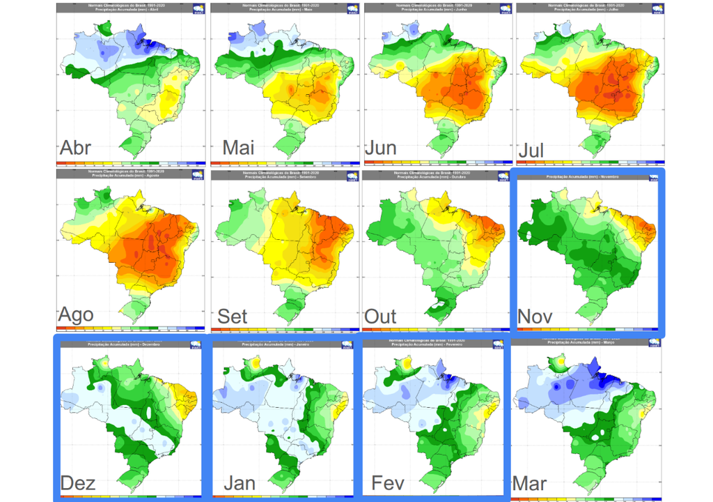 Normal climatológica mensal (1991-2020) da chuva sobre o Brasil, destacando nos quadrados azuis o período de atuação da ZCAS. Créditos: Ana Maria Pereira Nunes/Meteored/Adaptado de INMET.