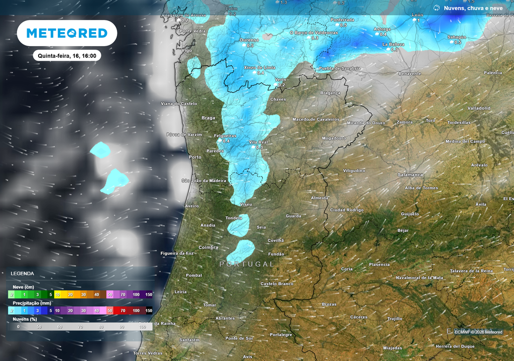 chuva prevista Ao longo da tarde de hoje, dia 16, poderá dar-se a ocorrência de chuva fraca e irregular em alguns pontos das regiões Norte e Centro do país, como podemos observar neste mapa.