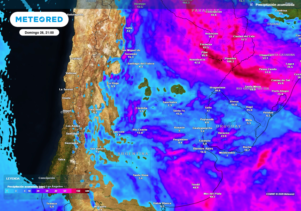 Acumulados de lluvia previstos hasta el próximo domingo según nuestro modelo de referencia ECMWF