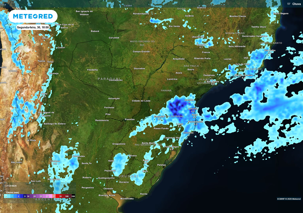 Previsão de chuva na segunda-feira (30), de acordo com o ECMWF.