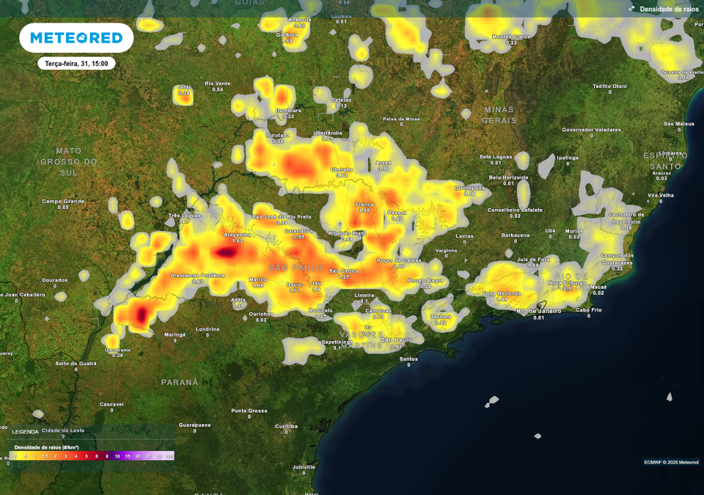 Previsão de tempestades na terça-feira (31), de acordo com o ECMWF.
