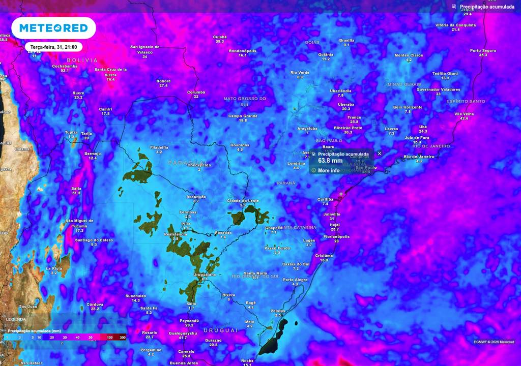 Previsão de chuva acumulada entre quinta (26) e terça-feira (31), de acordo com o ECMWF.