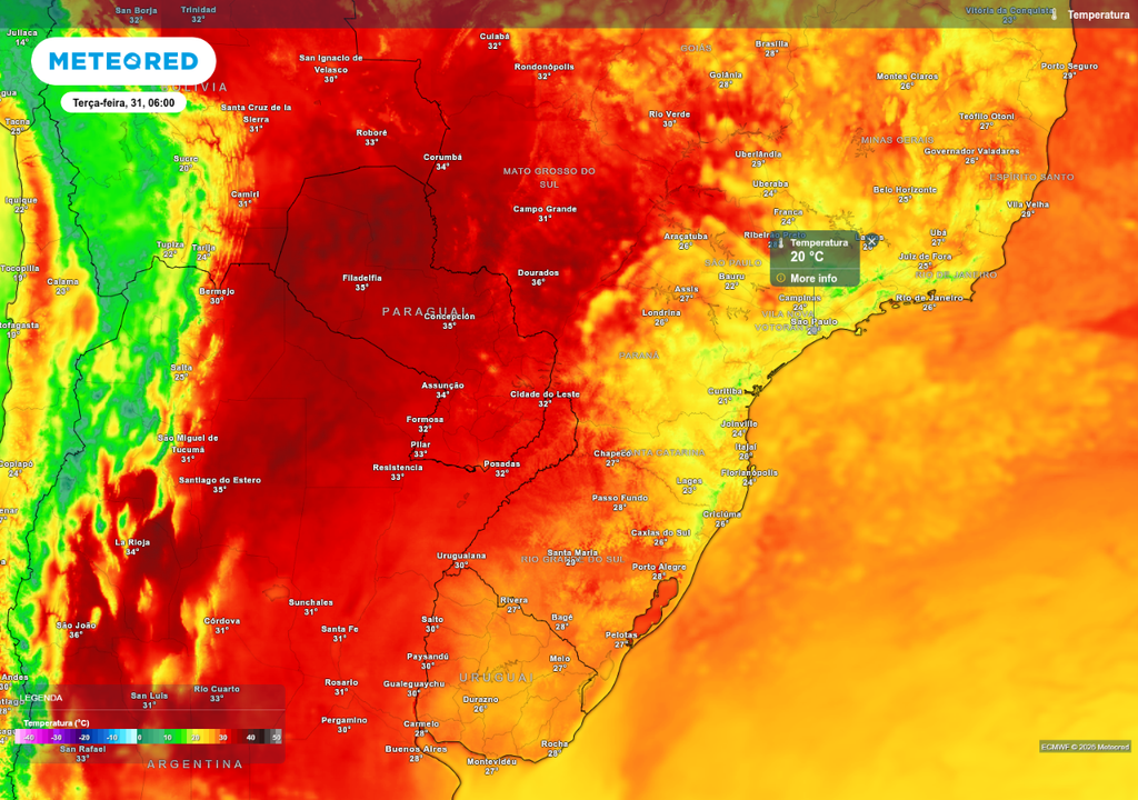 Previsão de temperatura máxima terça-feira (31), de acordo com o ECMWF.