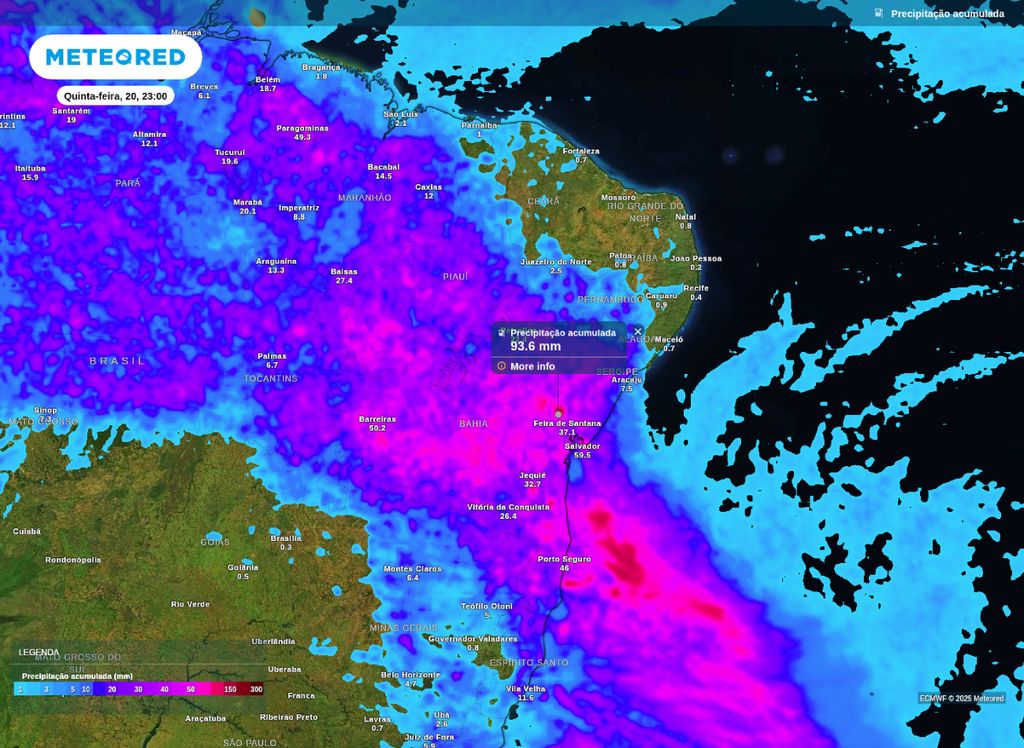 Acumulado supera os 90 mm em áreas da Bahia, de acordo com o modelo ECMWF. Acumulado supera os 90 mm em áreas da Bahia, de acordo com o modelo ECMWF.