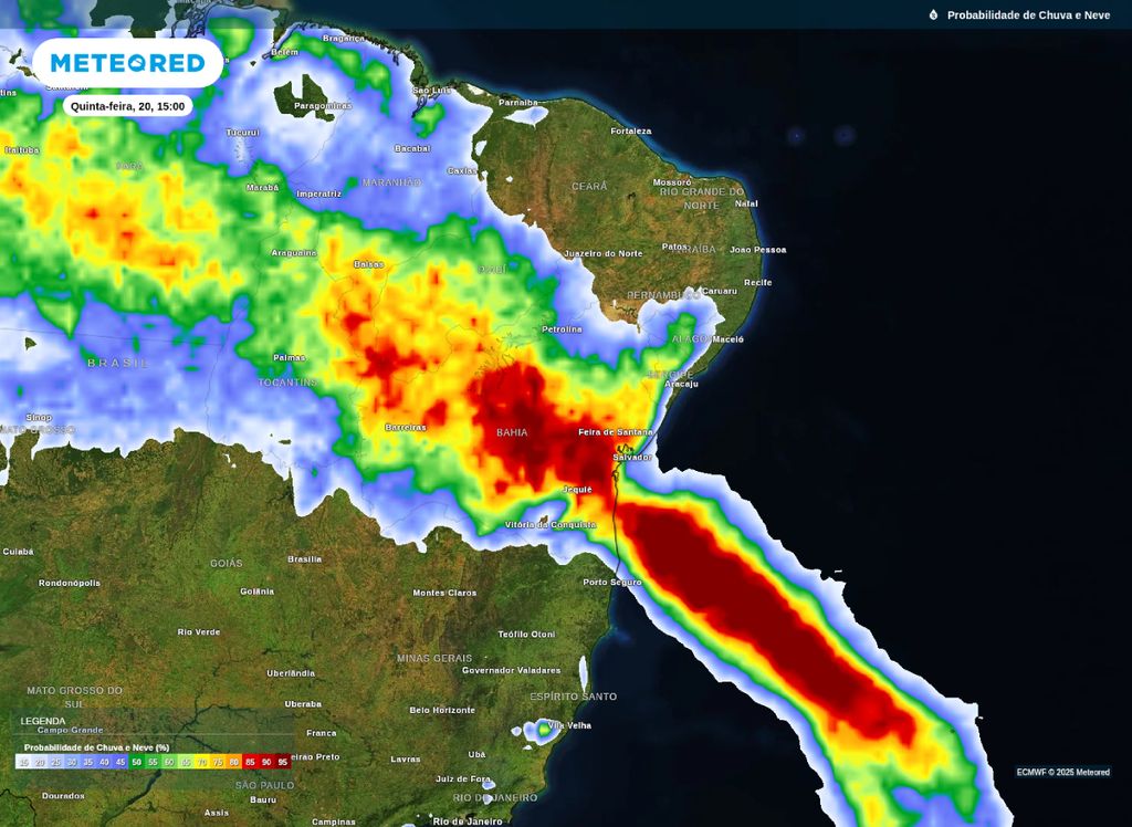 Chances de precipitação prevista para a tarde desta quinta-feira sobre o Nordeste do Brasil. Chances de precipitação prevista para a tarde desta quinta-feira sobre o Nordeste do Brasil.