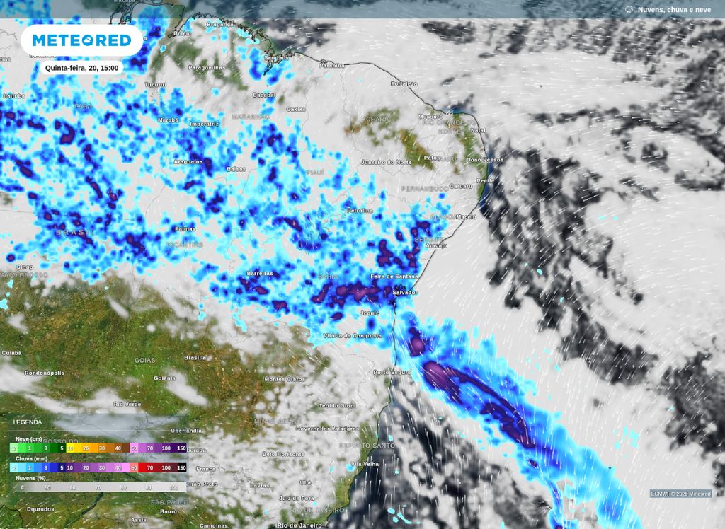 Precipitação prevista para a tarde desta quinta-feira sobre o Nordeste do Brasil. Precipitação prevista para a tarde desta quinta-feira sobre o Nordeste do Brasil.