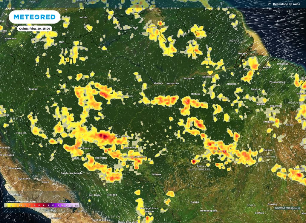 Densidade de raios, mostra os locais mais propícios a tempestades para a tarde desta quinta-feira no Norte do Brasil. Densidade de raios, mostra os locais mais propícios a tempestades para a tarde desta quinta-feira no Norte do Brasil.