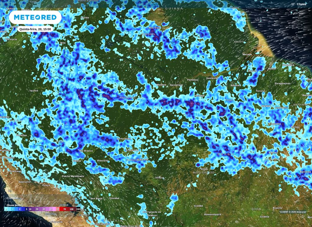 Precipitação prevista para a tarde desta quinta-feira sobre o Norte do Brasil. Precipitação prevista para a tarde desta quinta-feira sobre o Norte do Brasil.