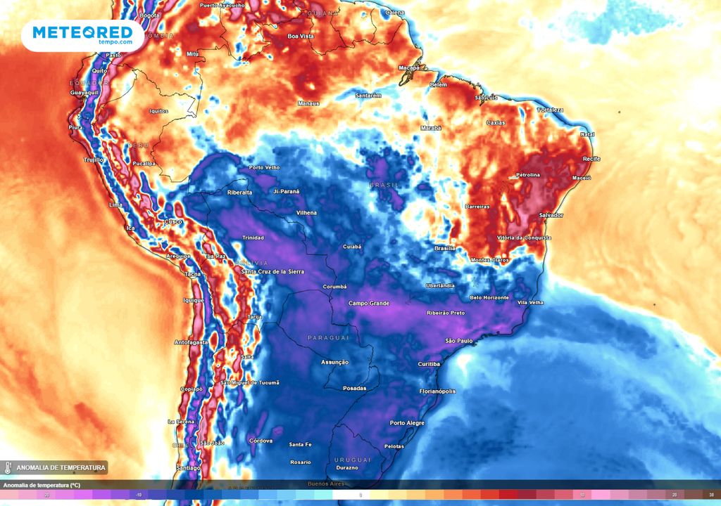 Previsão de anomalia de temperatura em 2m para o domingo (22) durante a tarde.