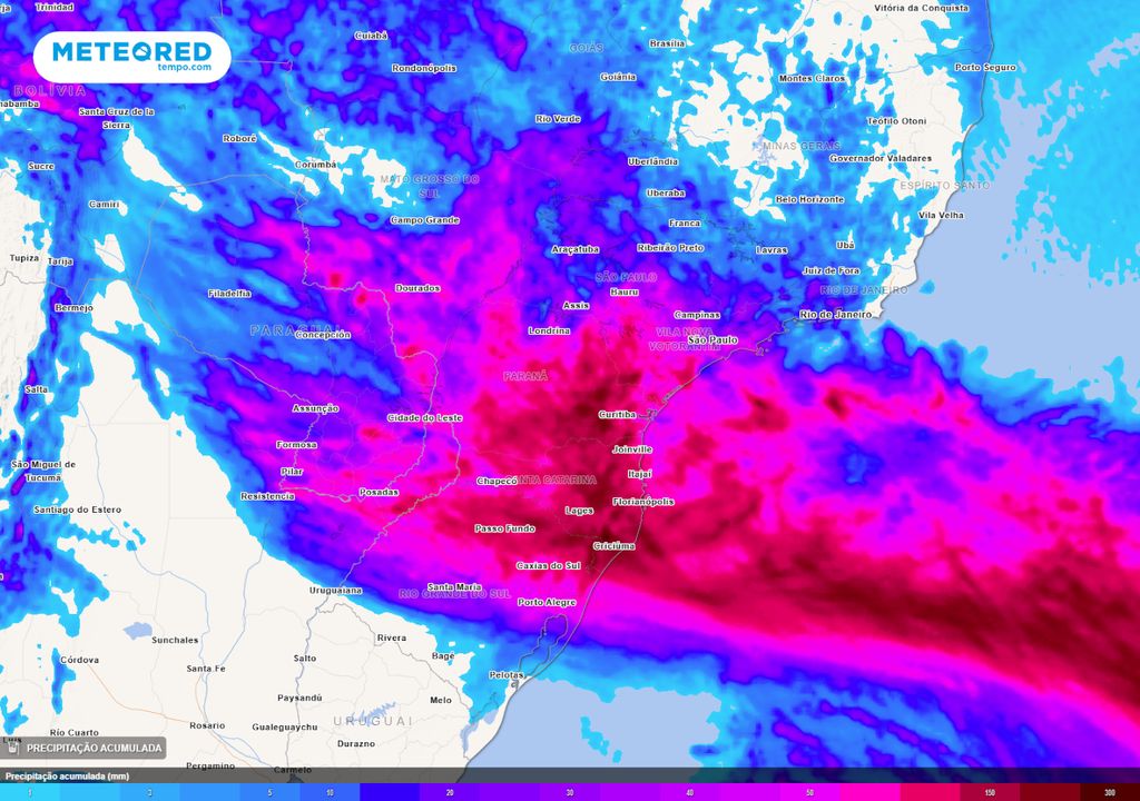 Mapa de acumulados de chuva previstos até o final do domingo (08). Mapa de acumulados de chuva previstos até o final do domingo (08).