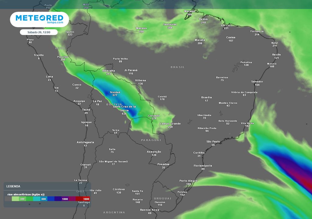 Previsão de formação de rios atmosféricos no sábado.