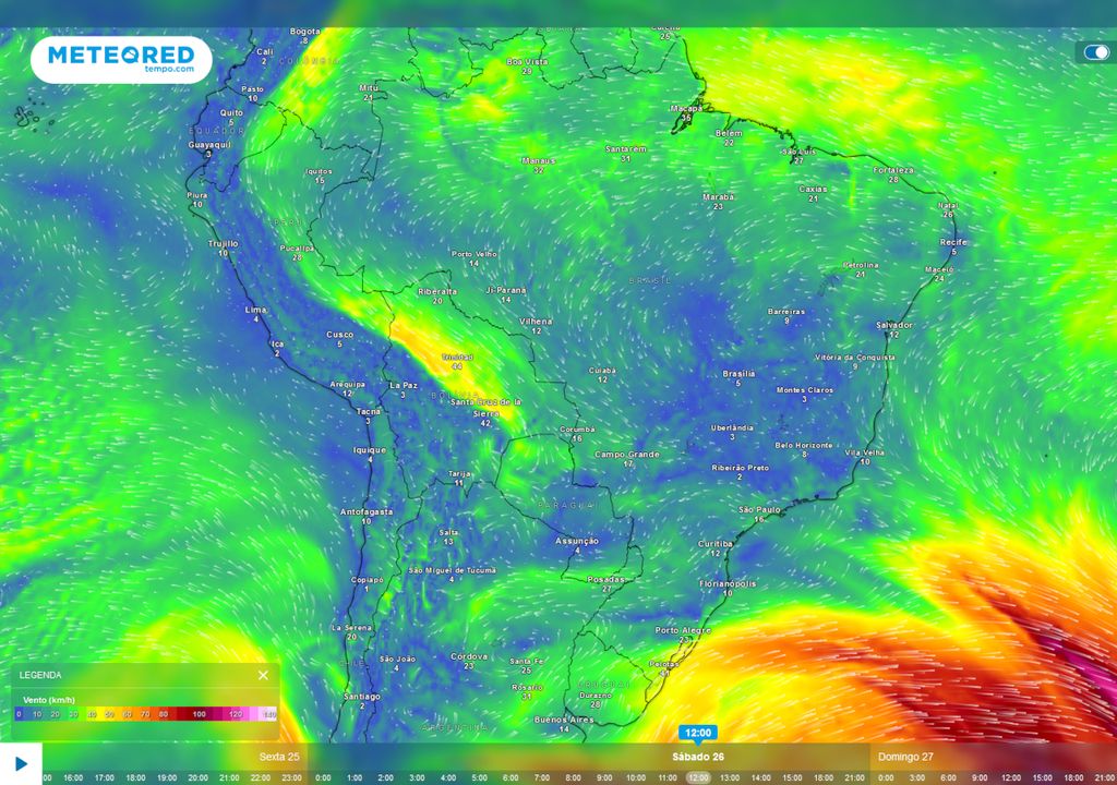 Previsão de intensidade e direção dos ventos em 850 hPa no Sábado.