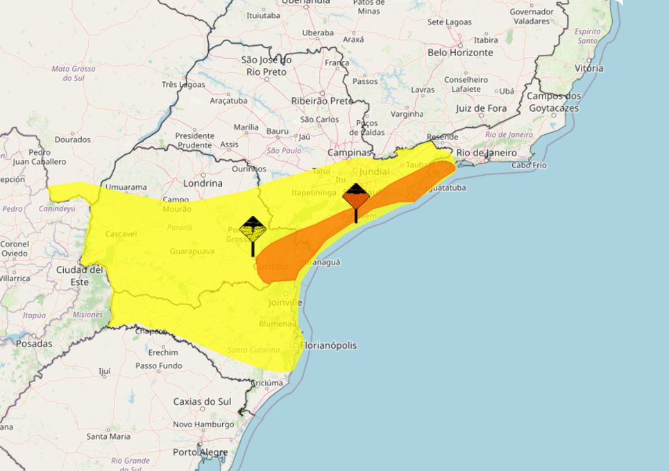 Alertas de chuva forte emitidos pelo INMET nesta quinta-feira para as regiões Sul e Sudeste.