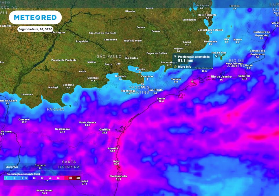 Previsão de acumulados totais de chuva até o final deste domingo.
