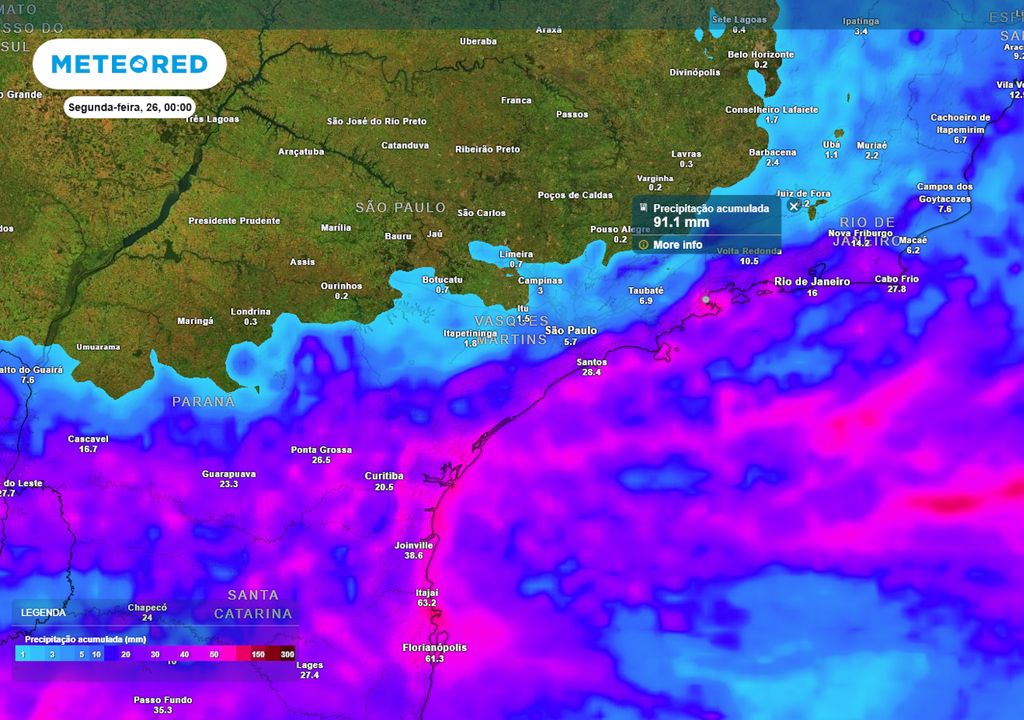 Previsão de acumulados totais de chuva até o final deste domingo. Previsão de acumulados totais de chuva até o final deste domingo.