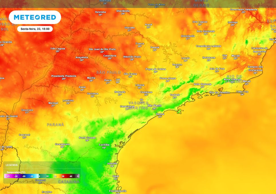 Previsão de temperaturas máximas na sexta-feira.