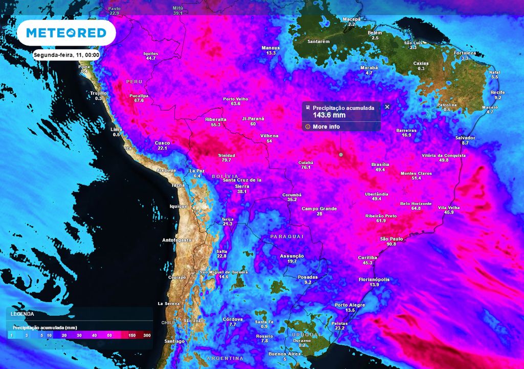 Previsão de acumulados totais de chuva até o domingo.