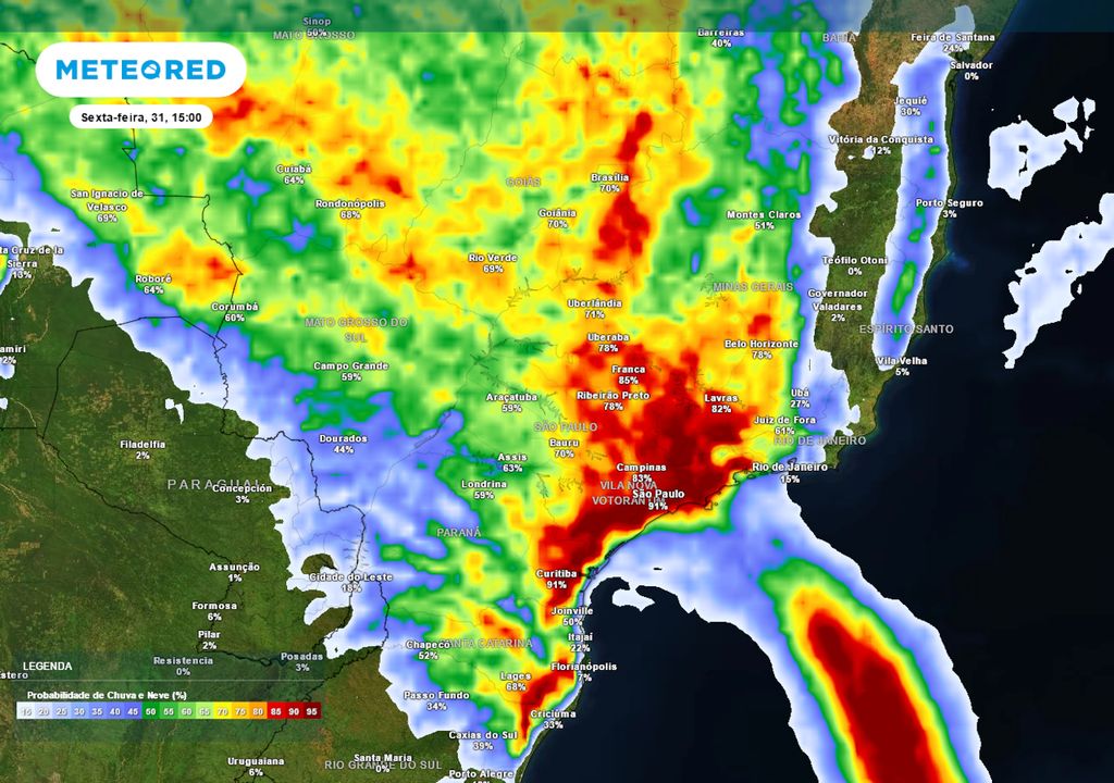 Previsão de probabilidade de chuva na sexta-feira durante a tarde.