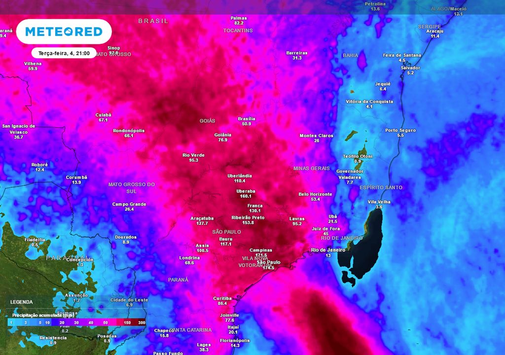 Previsão de acumulados totais de chuva até terça-feira.