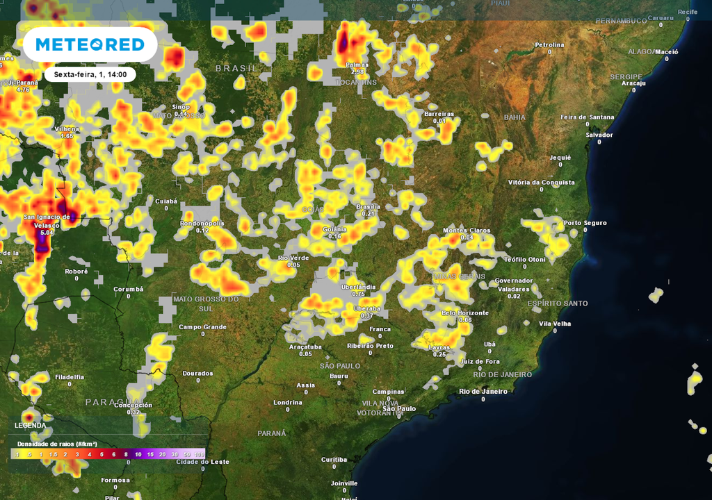 Previsão de Densidade de Raios na Sexta-Feira durante a tarde.