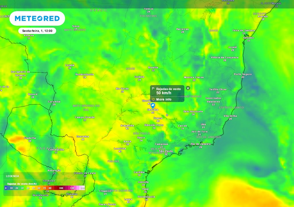 Previsão de rajadas de vento na sexta-feira durante a tarde.