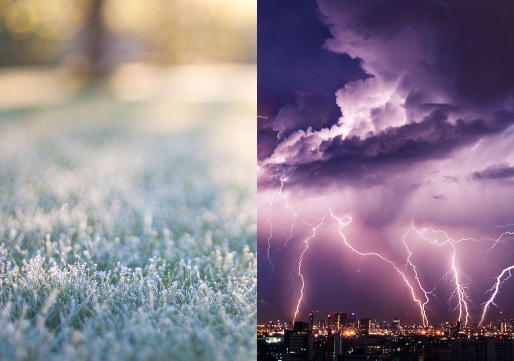 Fotografias de uma geada (esquerda) e uma tempestade (direita).