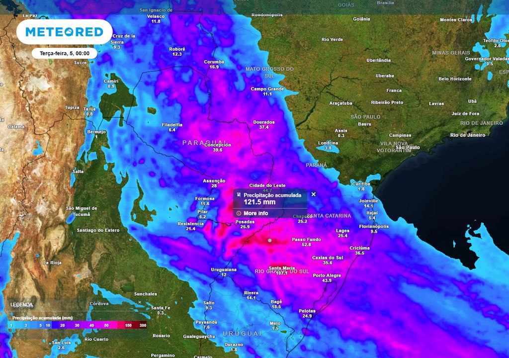 Previsão de acumulados totais de chuva até o final da segunda-feira.