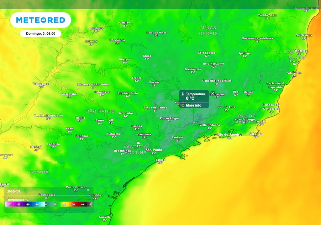 Previsão de temperaturas mínimas no domingo durante a madrugada.
