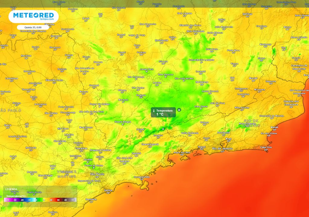 Previsão de temperaturas mínimas nesta quinta-feira durante a madrugada.