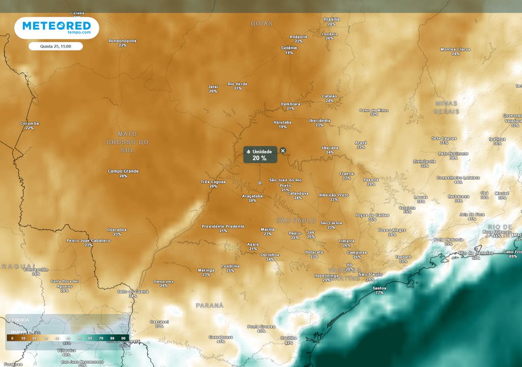 Previsão de umidades relativas mínimas nesta quinta-feira.