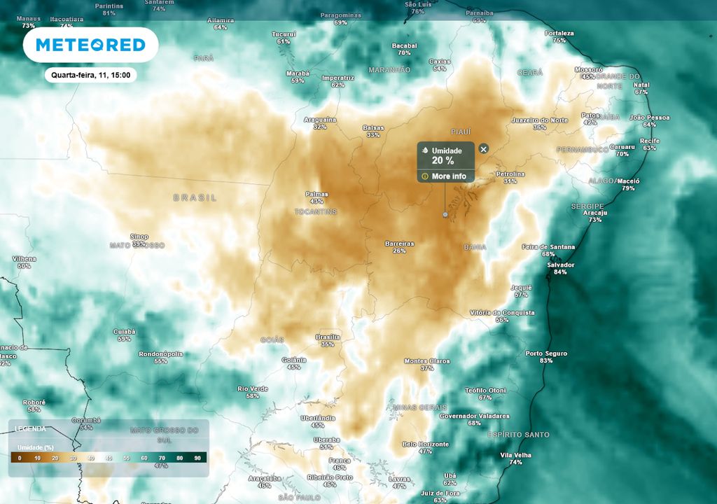 Previsão de umidade relativa mínima nesta quarta-feira.