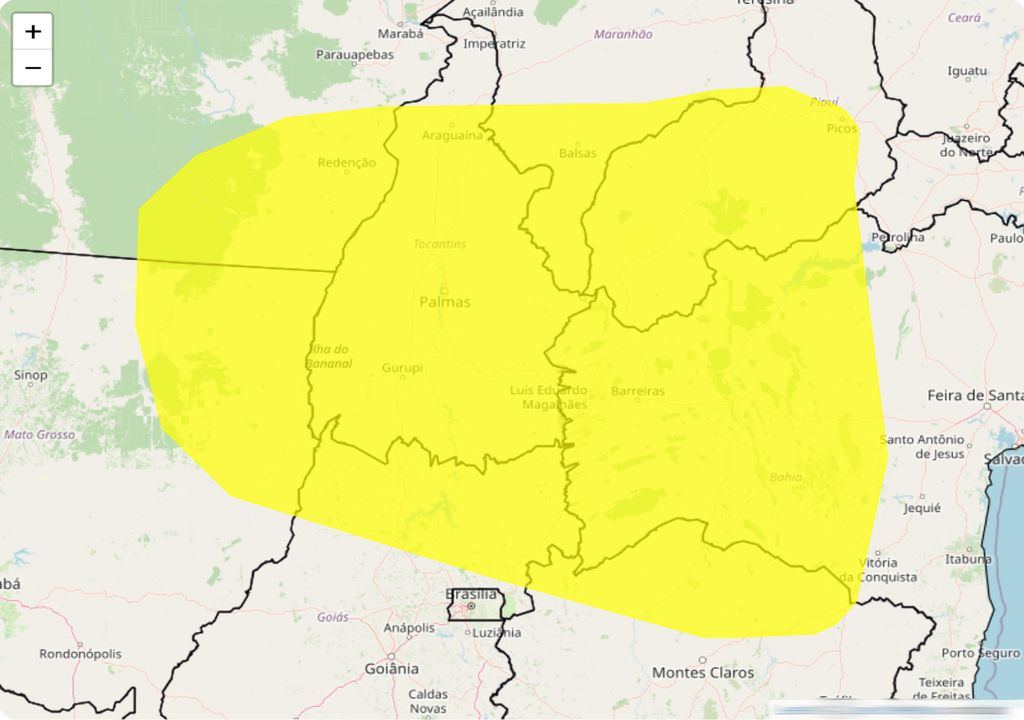 Mapa de alertas de perigo potencial devido a baixa umidade relativa emitidos pelo INMET.