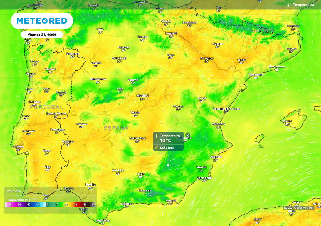 Temperaturas máximas previstas para mañana viernes por el modelo europeo.