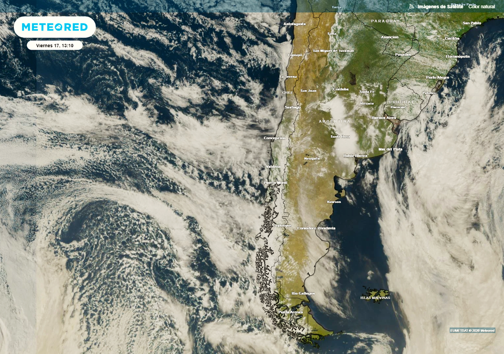 El satélite anticipa la llegada de varias bandas de lluvia a la zona austral de Chile desde esta tarde-noche de viernes.