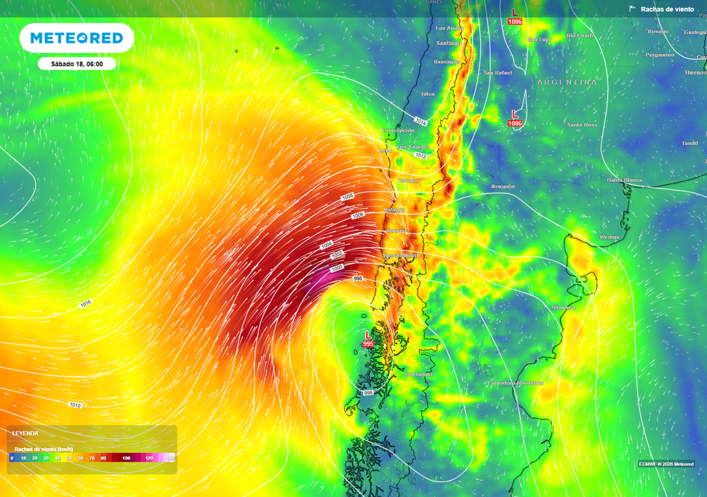 Fuertes vientos en el sur de Chile anticiparán la llegada de la banda frontal y sus lluvias más intensas.