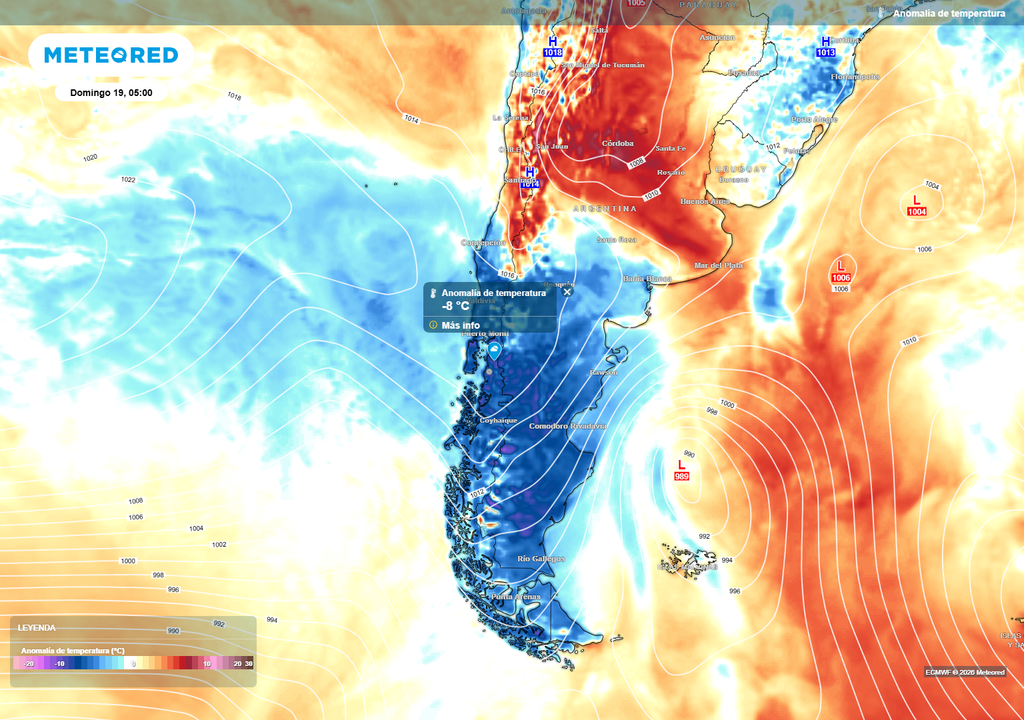 El paso de la masa de aire frío dejará un descenso importante de las temperaturas, tanto en la zona austral como en el sur y en las regiones del centro sur de Chile.