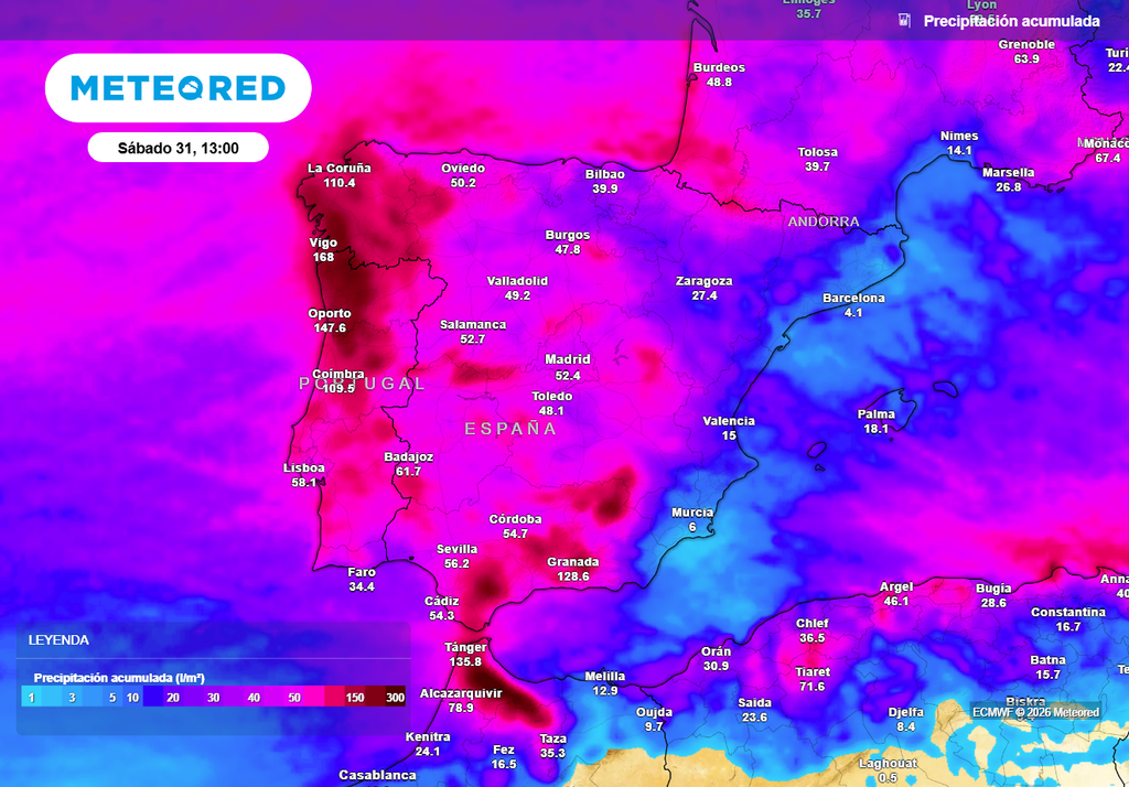 En algunas zonas de la vertiente atlántica se esperan acumulados de precipitación de más de 200-250 l/m2, según el modelo europeo.