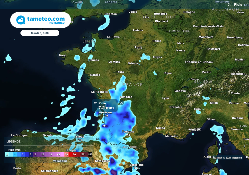 Fortes pluies orageuses en matinée dans le sud-ouest. Fortes pluies orageuses en matinée dans le sud-ouest.