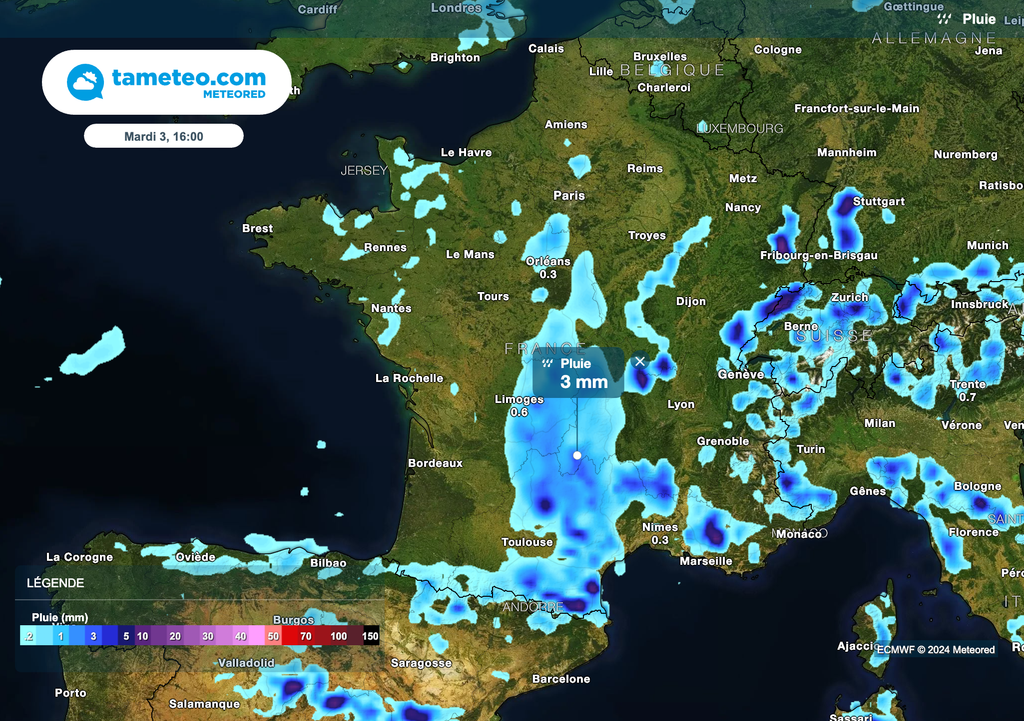 Les pluies se décaleront en journée vers l'Occitanie et gagneront également le Centre et la Bourgogne. Les pluies se décaleront en journée vers l'Occitanie et gagneront également le Centre et la Bourgogne.